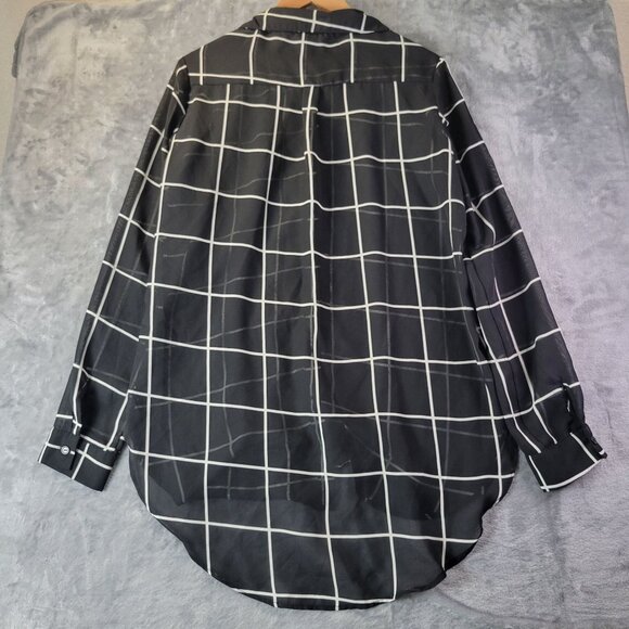 Rue21 Womens Black White Windowpane Plaid ButtonUp Shirt L Sheer Casual Workwear - Picture 10 of 11
